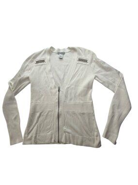 CACHE Sweater. White.  Metal Embellished V Neck Metal Zipper in Front Cardigan